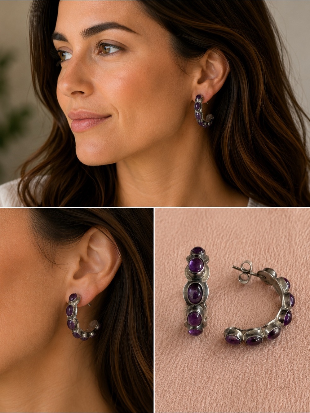 Nakai Sterling Silver Amethyst Hoop Earrings Navajo Southwestern Purple Stone